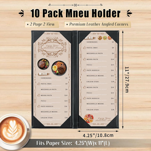 4.25" 11" Pack 10 2 (10, 2 (4.25 11 inch)) Restaurant Menu Covers Holders x | of Synthetic Leather Double Fold Panels