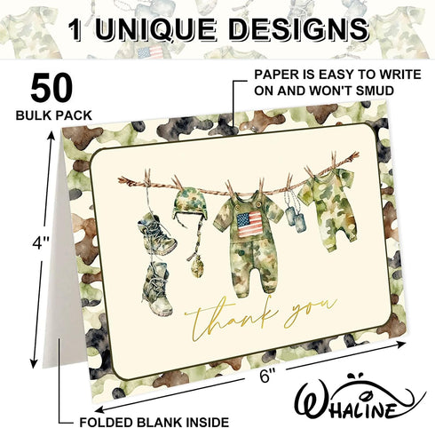 50 4 6 Inch Whaline Pcs Baby Shower Thank You Cards Greeting Cards with Envelopes Stickers Vintage Green Camouflage