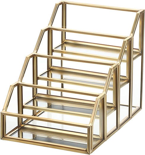 Hipiwe 4 Slots Glass Business Card Holder for Desktop, Gold Mirrored Business Card Display Stand, Multiple Clear