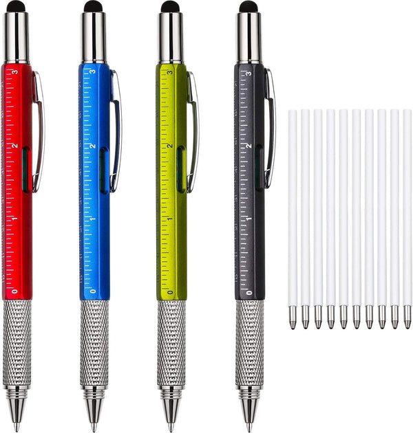 Zhanmai 4 Pieces Gift Pen for Men, 6 in 1 Multitool Tech Tool Pen with Ruler, Levelgauge, Ballpoint Pen and Refills