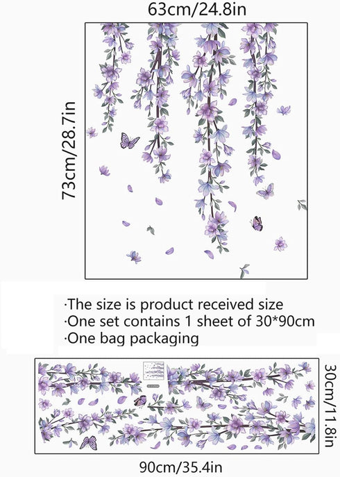 Finpletai Hanging Purple Flower Wall Stickers Vine Floral Wall Decals for Girls Kids Bedroom Nursery Living Room TV