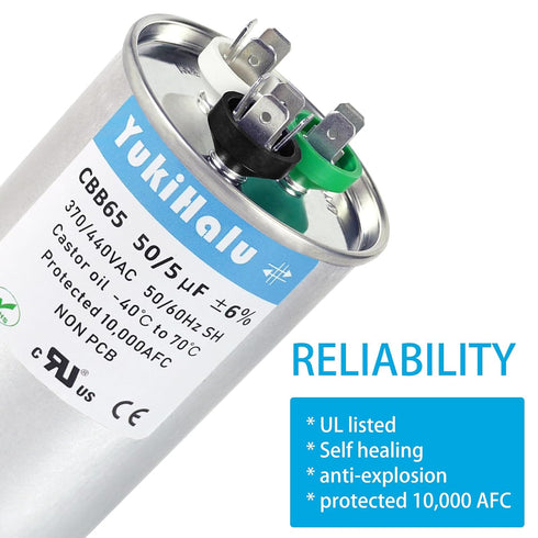 YukiHalu 50+5 uF 50/5 MFD 370 or 440 VAC CBB65 Dual Run Capacitor for Air Conditioner, Motor Run, Heat Pump