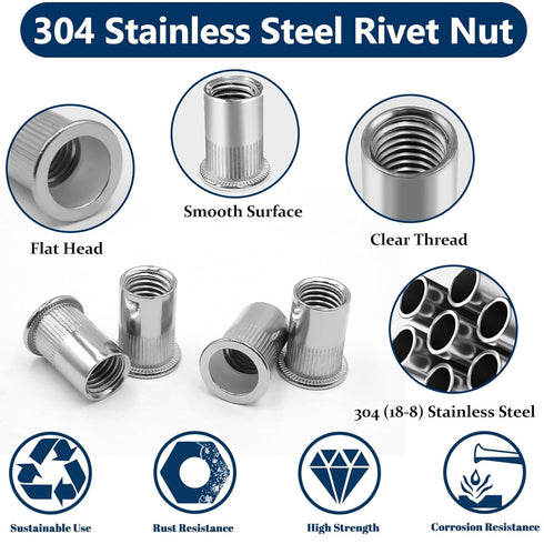 Vifmy Kit(300 M3 M4 M5 M6 M8 M10 M12#8-32#10-24 1/4"-20 5/16"-18 3/8"-16 304 Set Metric & SAE Rivet Nut Assortment
