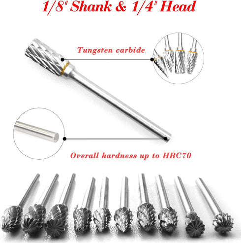 BIGOU Carbide Rotary Burr Set - 10PCS Double Cut Carving Burr Bits, Tungsten Carbide 1/8" Shank for DIY Metal Polishing