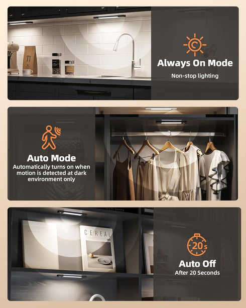 Closet 50 Dimmable, 3 11.8 Counter (3 EZVALO Under Cabinet Lighting, Wireless Lights, LED Rechargeable Motion Sensor