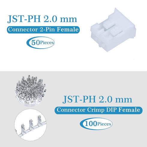 JST PH 2.0 mm Pitch 2-Pin JST Wiring Connecting IC Male Plugs, 50 Sets/200 Pieces Connector Kit