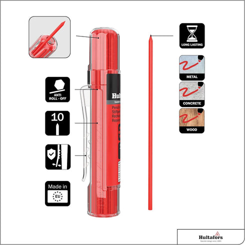 Hultafors Tools 650150 Heavy Duty Dry Marker Refills HRD, Multi-Purpose, Red, 10 Leads