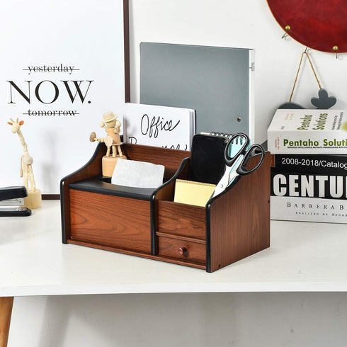 Cherry Brown Wood Desk Organizer, Tissue Box Lid with Multiple Slots Drawer for Phone Tablet Remote Control Storage