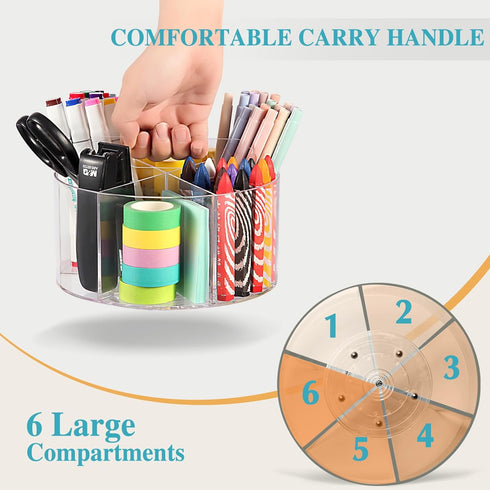 Large Acrylic Pen Holder for Desk, 6 Slots 360-Degree Rotating Marker Organizer for Kids, Caddy Art Supply