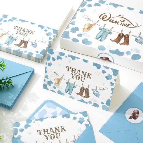 50 Pack Whaline Western Cowboy Baby Shower Thank You Card Boxed Blue Cow Print Baby Clothes Greeting Cards
