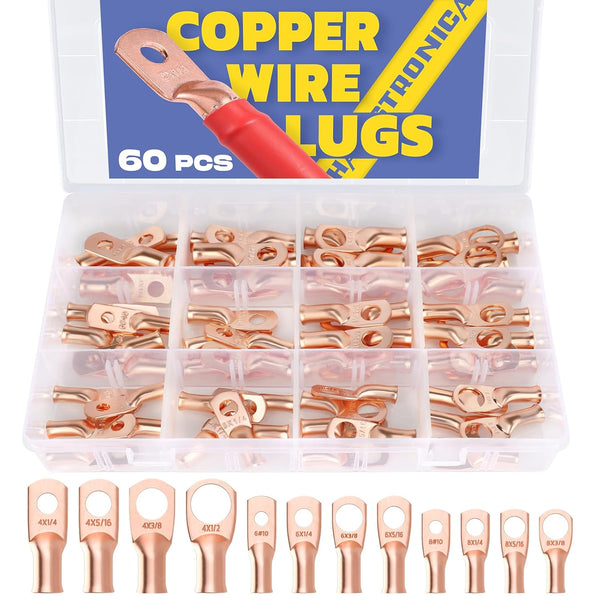 Haisstronica 60PCS Heavy Duty Copper Wire Lugs Kit - Bare Copper Crimp Connectors, Eyelets Tubular Ring