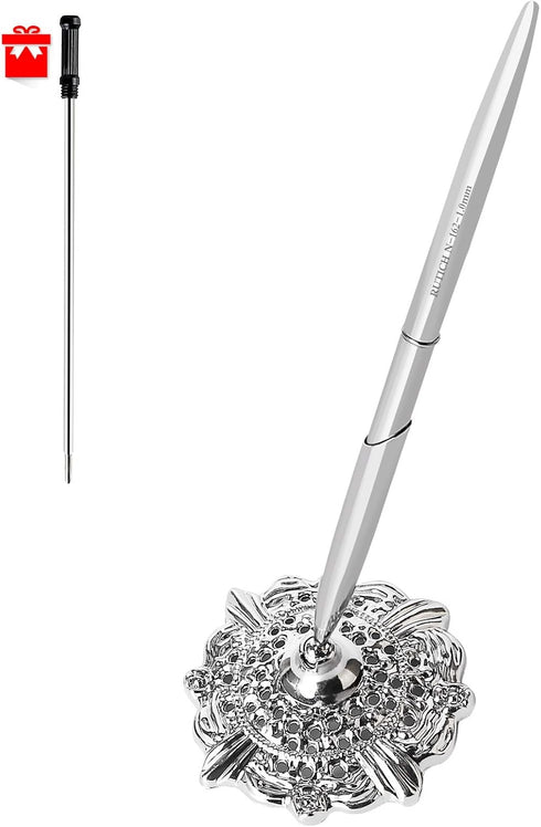 Hollow Round Pen Holder Signing Pen Set for Wedding, Bridal Engagement, Valentine's Day Favors, Silver