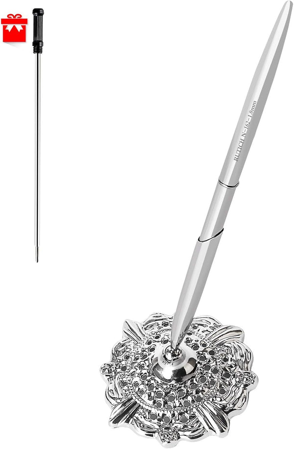 Hollow Round Pen Holder Signing Pen Set for Wedding, Bridal Engagement, Valentine's Day Favors, Silver