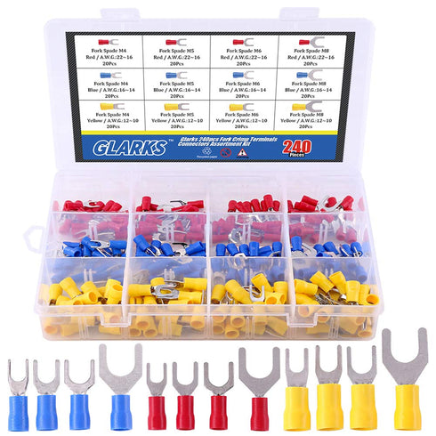 Glarks 240pcs Fork Spade Quick Splice Crimp Terminals Connectors Assortment Kit (22-16/16-14/12-10 Gauge)