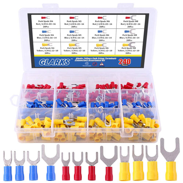 Glarks 240pcs Fork Spade Quick Splice Crimp Terminals Connectors Assortment Kit (22-16/16-14/12-10 Gauge)