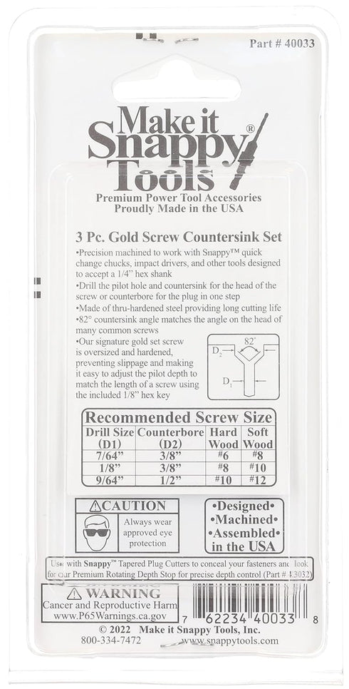 Make it Snappy Tools Quick-Change 3-Pc. Countersink Drill Bit Set, Proudly Made in The USA