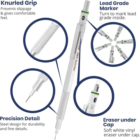 Pacific Arc Chromagraph .7 mm Metal Mechanical Pencil: Silver Barrel with Adjustable Pencil Grade for Drafting