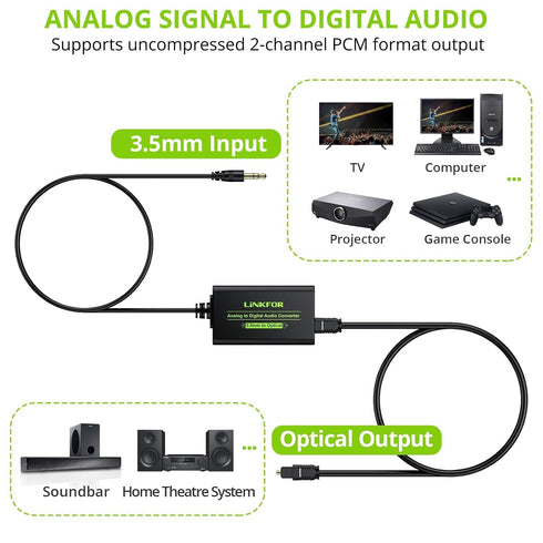 3.5mm 3.5mm LiNKFOR to SPDIF Converter Analog to Digital Audio Adapter for Enhanced Sound Toslink Optical Output