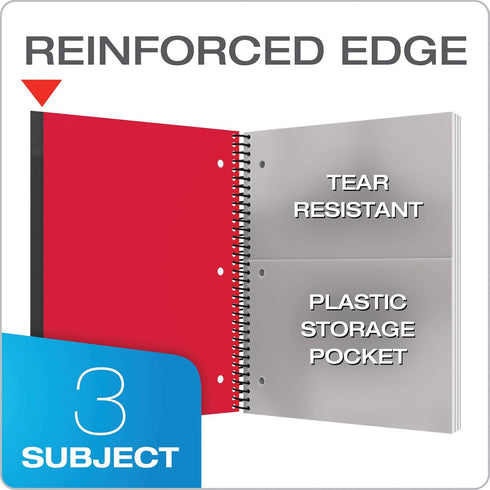 Oxford 3 Pack Spiral Notebook, 3 Subject, Wide Rule, 150 Sheets, Durable Plastic Covers, Red, Green, Blue (89804)