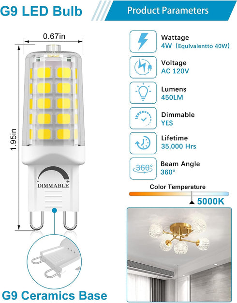10 Pack G9 Bulbs Dimmable 5000K 4W 40W T4 450LM, G9 LED Daylight White, Equivalent Chandelier Lights, Bi-pin Base