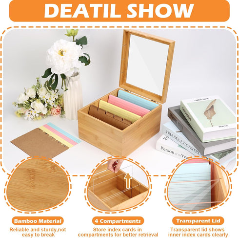 DLUGOPIS 5x8 4 150 25 2 Index Card Holder with Dividers Bamboo Index Card Storage Box Compartments Recipe Card Box