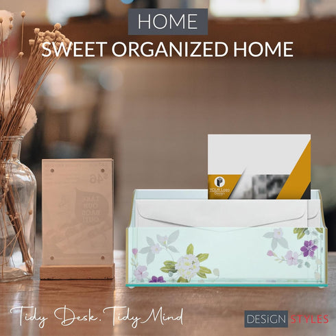 Papyrus Acrylic Mail Organizer, Green Aqua Desk Organizer with Floral Prints, Small Letter Holder for Office Supplies