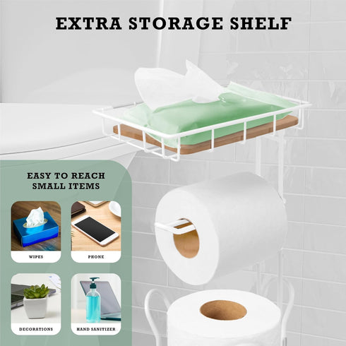 Inspired Living 3 Toilet Paper Holder Stand with Phone or Wipes Bamboo Shelf, Durable Free Standing Toilet Tissue Roll