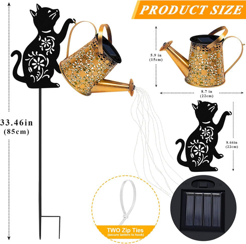 Solar Lights Outdoor Decorative, Watering Can with Cascading Lights, with Cat Silhouette Garden Stakes, Gifts for Mom