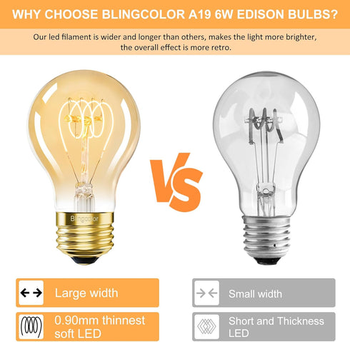 A19 E26 Bulbs 6W 60 6 Pack Dimmable E26 Bulbs 2200K, A19 Bulb 400LM Vintage Edison LED Equivalent Watt, LED Edison