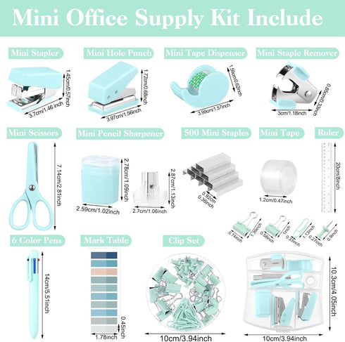 Mini Office Supplies, Turquoise Green School Supplies with Sticky Notes, Mini Stapler, Tape Dispenser, and More