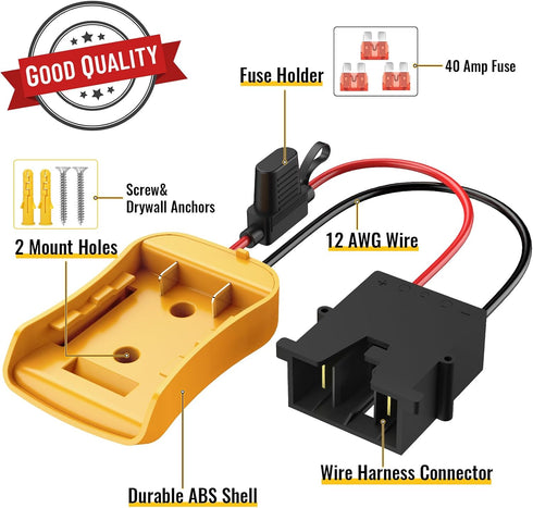 Power Wheels Adapter for Dewalt 20V Battery with Wire Harness Connector Compatible with Fisher-Price 12 Volt Power Wheels, 12AWG Wire with 40A Fuse