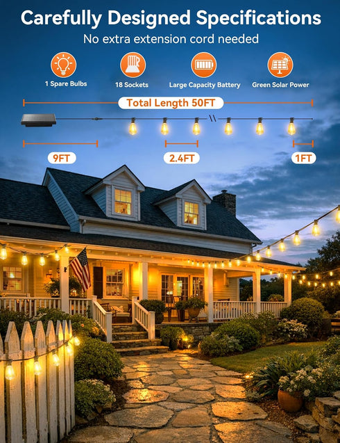 50FT 18+1 ST38 Bulbs, Dimmable&3 Brightever Solar String Lights Outdoor Waterproof, Patio Lights Solar Powered