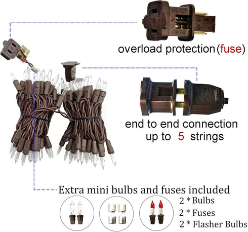 100 23ft Clear Mini Brown Wire Christmas Lights Incandescent Waterproof UL Certified Fairy String Lights for Outdoor