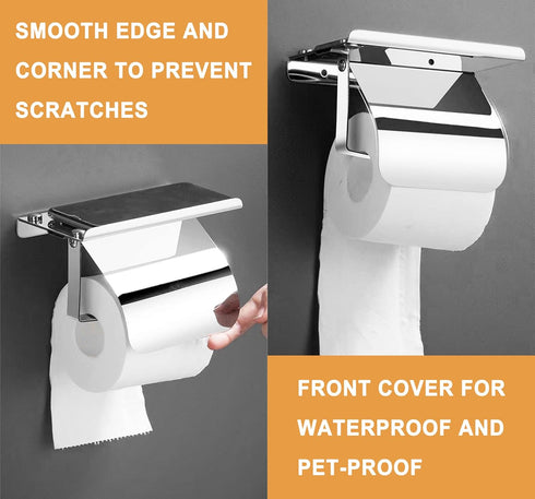 304 Toilet Paper Holder with Phone Shelf and Waterproof Cover, SUS Stainless Steel Tissue Roll Storage Rack (Polished