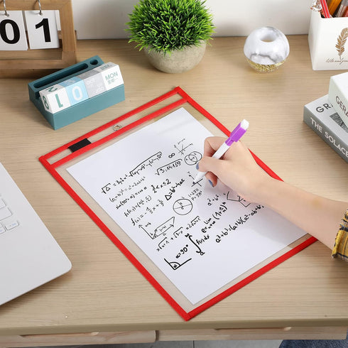 Nezyo 50 Pieces Dry Erase Pockets, Reusable Plastic Sleeves, Clear Sleeves for Classroom, Job Ticket Shop Holder (Red)