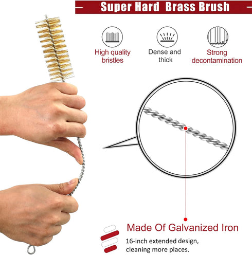 16 Inch Extra Long Pipe Cleaning Brush Set with Brass Bristles, 8 Piece Variety Pack for Auto Parts, Bottles, Guns,