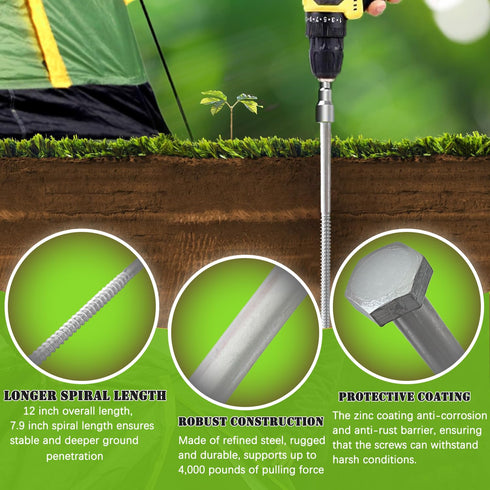 12pcs Heavy Duty 3/8 x 12 inch Tent Stakes, Ground Anchors for Camping, Trampoline, Carports, Canopies, High Winds