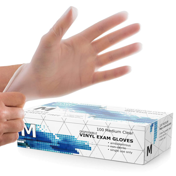 Dre Health Medium Clear Vinyl Medical Exam Gloves, Pack of 100