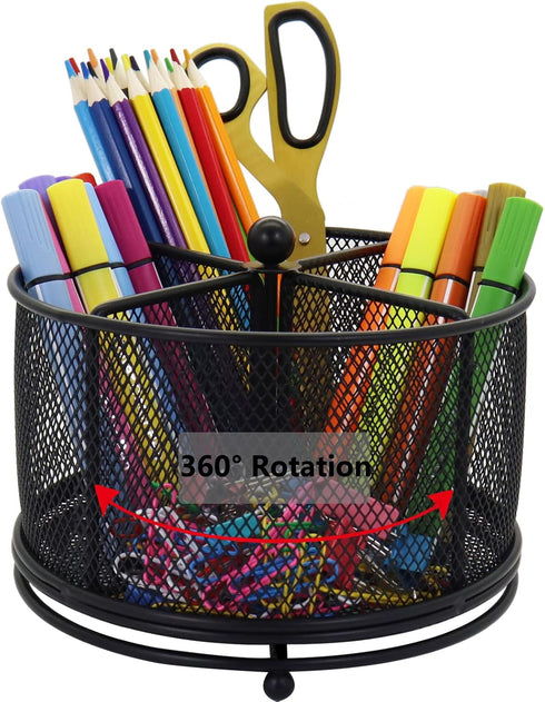 Pen Holder for Desk, 360 Rotating Mesh Organizer, Large Capacity Storage Caddy, 4 Compartments for Home Office