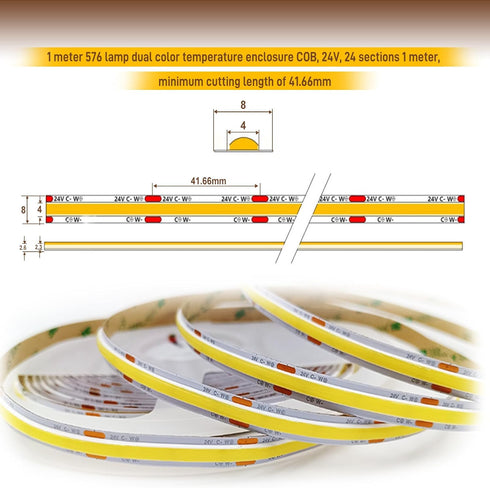 Dimmable Light,2700K-6500K,9.84ft/3m,8mm Wide,CRI90+ 24V Pandery COB LED Strip Light,CCT Strips LED Strips Kit