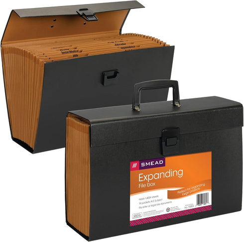 Smead A-Z and Subject Expanding File Box, 19 Pockets, Legal Size, Black, Latch Closure