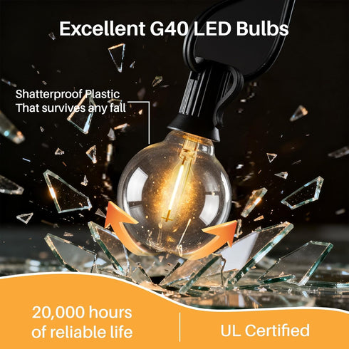 wtiyvxr 25 G40 Lights,13 Bulbs(1 IP65 Dimmable Bulbs E12 2200K FT Outdoor String Lights Globe Shatterproof Patio