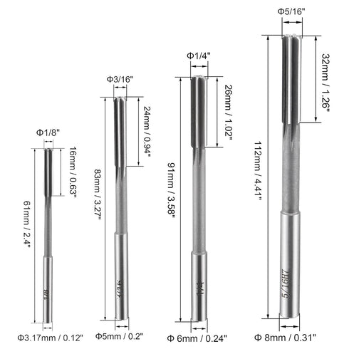uxcell 1/8" 3/16" 1/4" 5/16" Chucking Reamer H7 Accuracy High Speed Steel Lathe Machine Reamer 6 Straight Flutes Round Shank Milling Cutter Tool Reamer Set for Bore Machining 4pcs