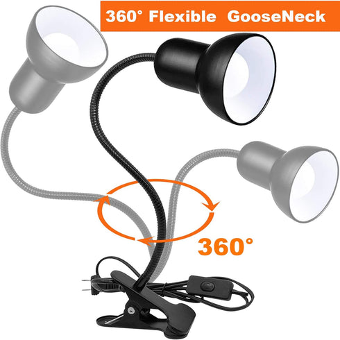 360 Desk Lamp, Rotation Clip On Reading Light - Gooseneck Lamp with Cable, Portable Clamp Light for Bedroom, Office
