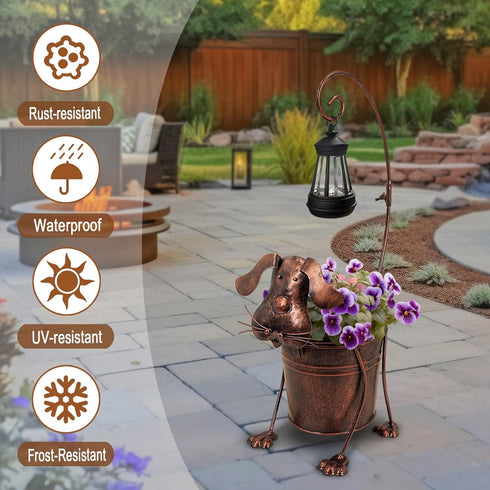Solar Lights Outdoor with Planter Pot,Metal Dog Solar Lamp Post with Planter Base Outdoor Decorative