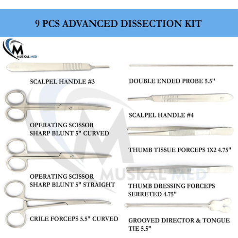 Advanced Medic Student Kit, 9 Pieces Total, High Grade Stainless Steel Instruments for Anatomy, Biology, Botany,