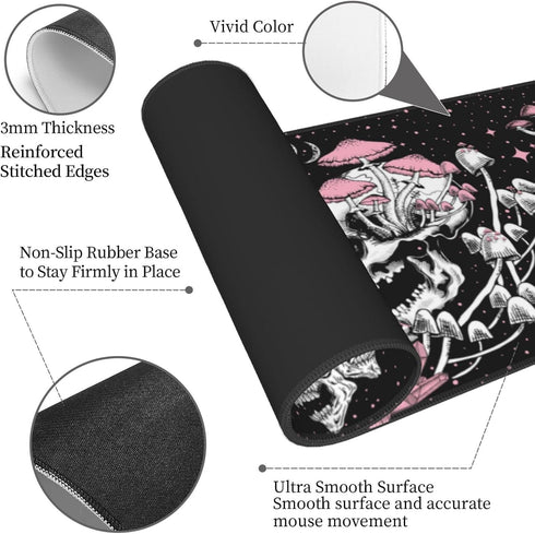 Skull Hippie Mushroom Moth Moon Gaming Mouse Pad XL, Large Extended Desk Pad, Long Nonslip Rubber Mat