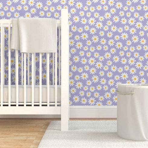 3ft 2ft 90S Y2K Spoonflower Peel & Stick Wallpaper x - Floral Daisies Mini Dollhouse Flowers Purple Lilac Spring Custom