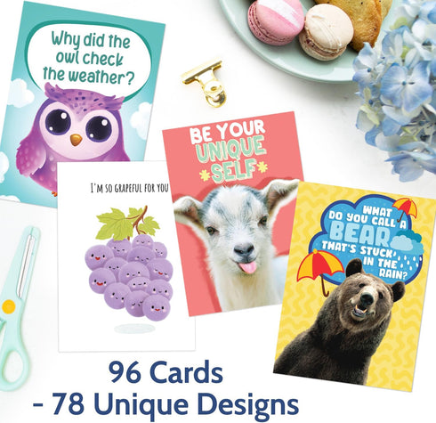 96 Set 4.5 6.25 Pack T MARIE Funny Animal and Punny Notecard with Envelopes and Stickers - x Bulk - Cute and Colorful