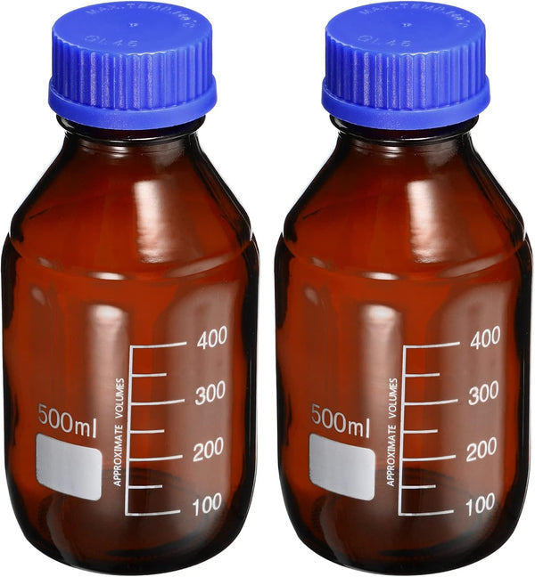 PATIKIL 500mL Reagent Media Bottle, 2Pcs Round Graduated Glass Storage Bottle Blue Screw Cap